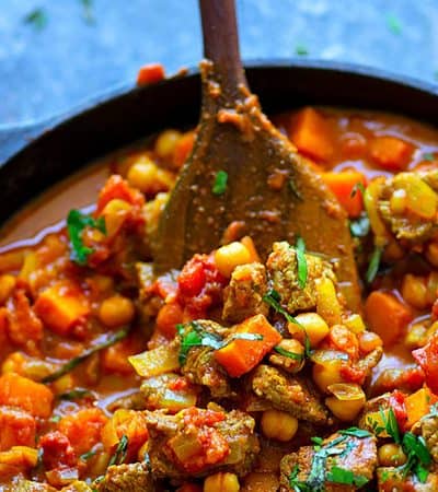 One-Pot Beef Sweet Potato Chickpea Curry - Tender sweet potatoes and melt-in-your-mouth beef paired with tons of cozy curry spices make this one-pot beef sweet potato chickpea curry one for the dinner record books!