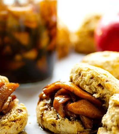 Browned Butter Biscuits with Apple Preserves - Deeply flavorful and incredibly flaky browned butter biscuits are the ultimate fall indulgence piled high with tons of homemade apple preserves!