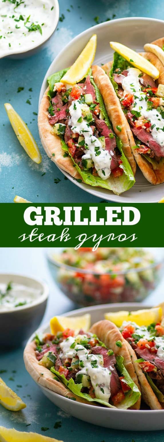 Grilled Steak Gyros with Cucumber Feta Salsa and Tzatziki Sauce