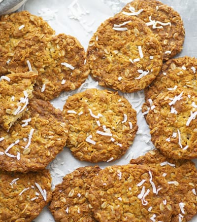 Classic anzac biscuits feature a perfectly crisp and chewy cookie texture packed full of flaked coconut and oats. --- just try to eat one of these addicting cookies!