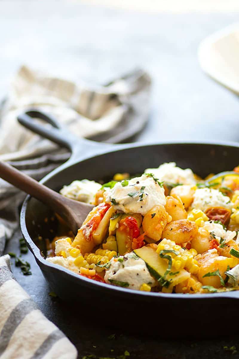 Charred Corn Cherry Tomato Pan Fried Gnocchi with Herbed Ricotta