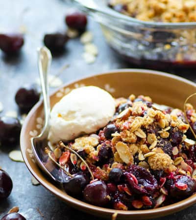 Flavorful browned butter and toasty almonds transform this luscious blueberry cherry crisp into an incredible dessert. Serve with plenty of vanilla ice cream for the perfect summer treat.