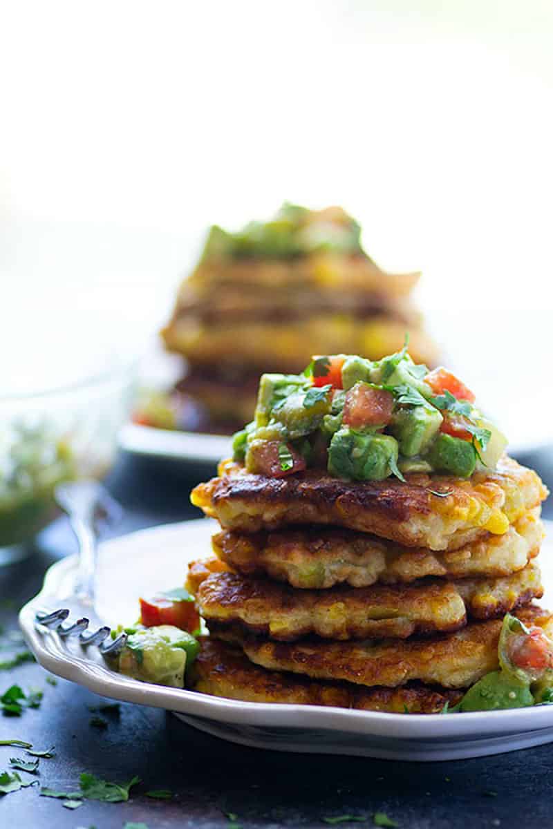 Green Chile Sweet Corn Fritters with Tomatillo Avocado Salsa