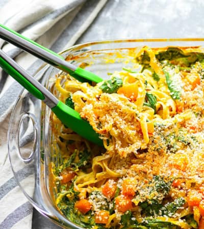 Fettuccine alfredo gets a fall upgrade with lots of tender baby spinach and a luxuriously creamy butternut squash alfredo sauce that's lighter on the calories!