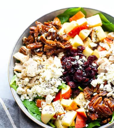 Packed with homemade candied pecans, juicy turkey cubes, and all the fall fixins', this apple spinach salad is the perfect way to incorporate all your favorite fall ingredients into one loaded salad!