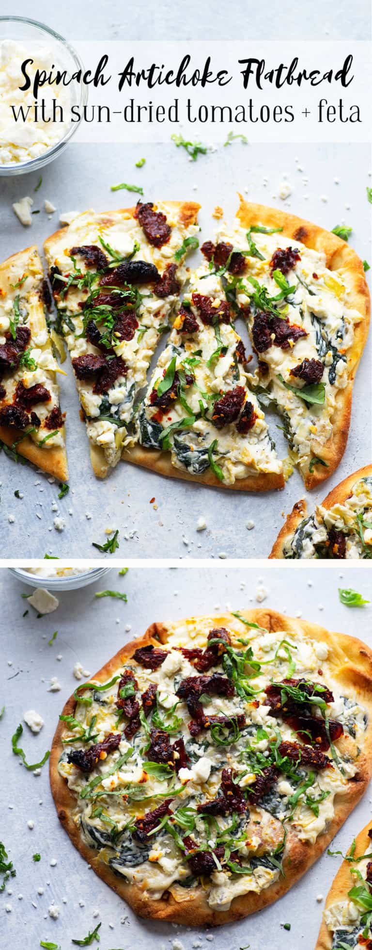 Spinach Artichoke Flatbread with SunDried Tomatoes and Feta