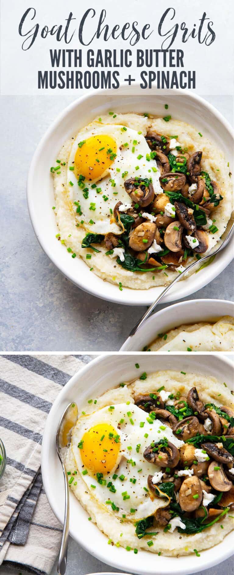 Goat Cheese Grits with Garlic Butter Mushrooms and Spinach