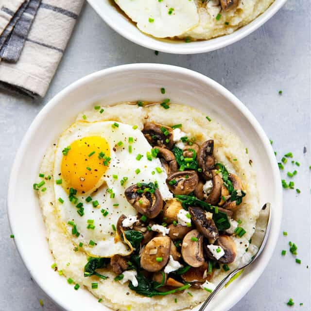 Goat Cheese Grits with Garlic Butter Mushrooms and Spinach