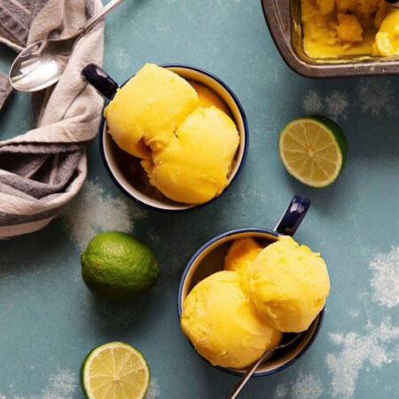 Mango pineapple sorbet is perfectly sweet, creamy, and made with only 5 ingredients with no ice cream maker required!