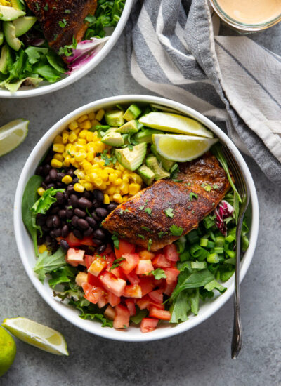 Flavorful blackened salmon and a spicy chipotle ranch dressing dress up this loaded blackened salmon salad into one impressive lunch or dinner that can be prepped ahead of time!