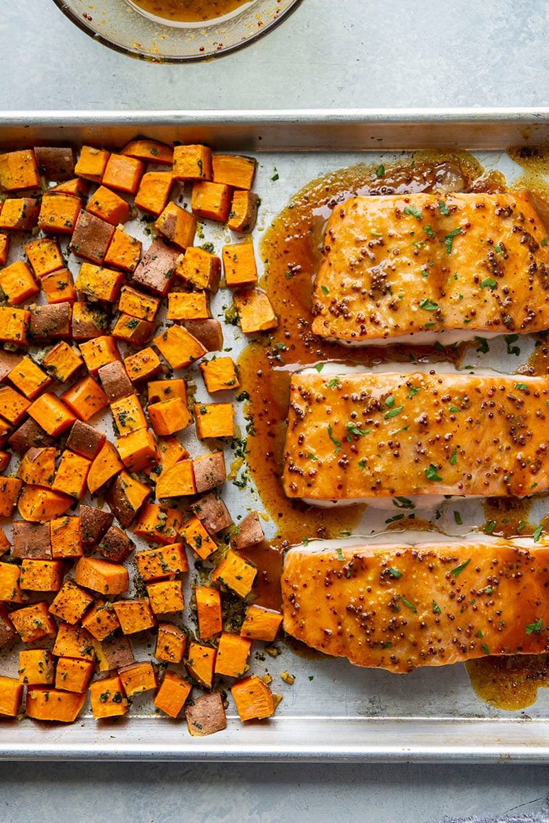 Honey Mustard Salmon with Garlic Butter Sweet Potatoes