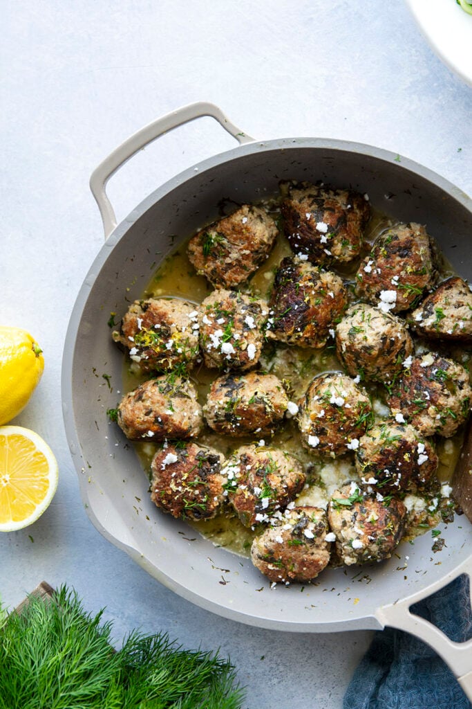 Spinach Feta Chicken Meatballs with Lemon Dill Sauce