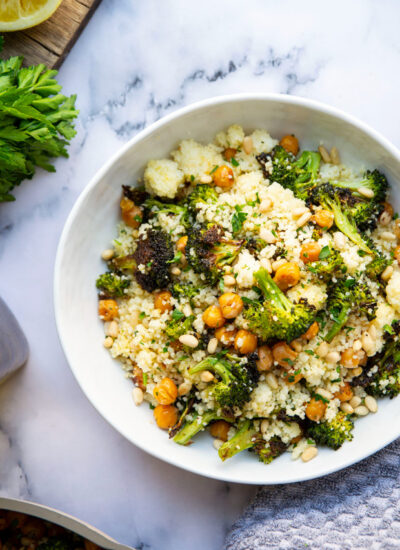 Tossed with crispy roasted chickpeas and broccoli, this lemon couscous is bursting with fresh lemon flavor and an easy spring side dish that's ready in only 35 minutes!
