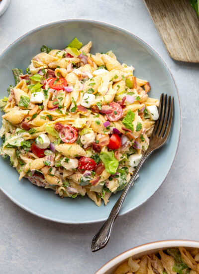 This BLT pasta salad features all the things you love about the classic sandwich in pasta salad form with a spicy chipotle buttermilk ranch dressing!