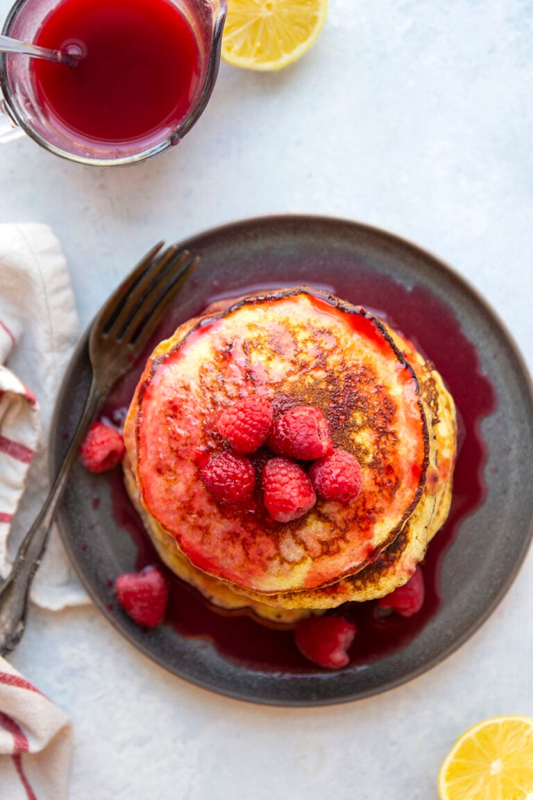 Lemon Cottage Cheese Pancakes with Raspberry Syrup