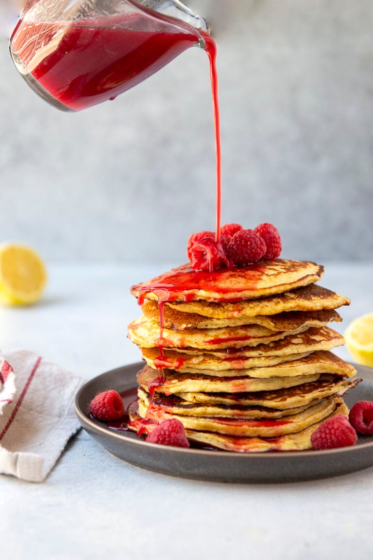 Lemon Cottage Cheese Pancakes with Raspberry Syrup