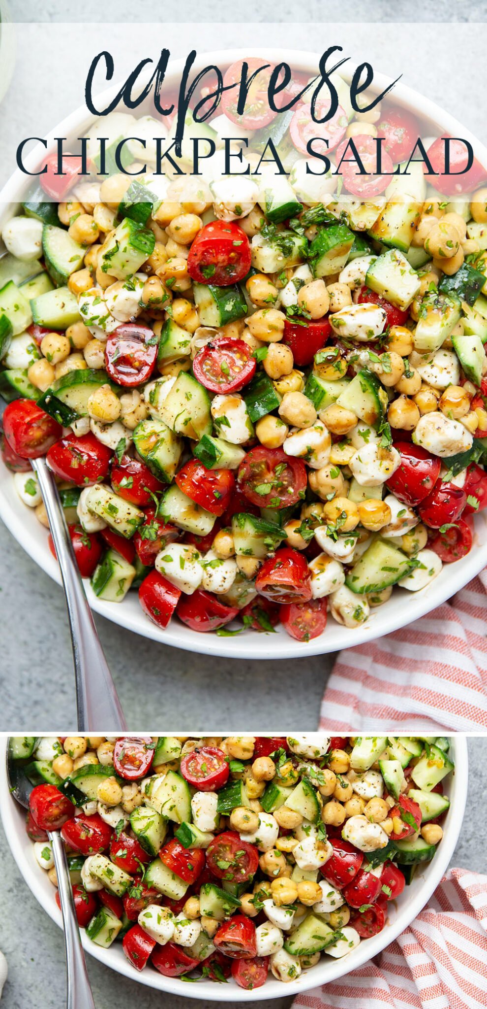 Caprese Chickpea Salad with Roasted Garlic Basil Dressing
