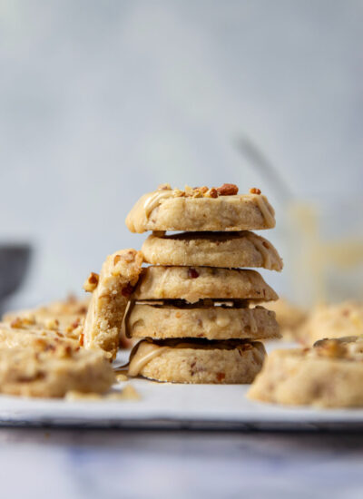 These butter pecan shortbread cookies are crisp on the outside and perfectly soft on the inside with lots of buttery toasted pecan bits.