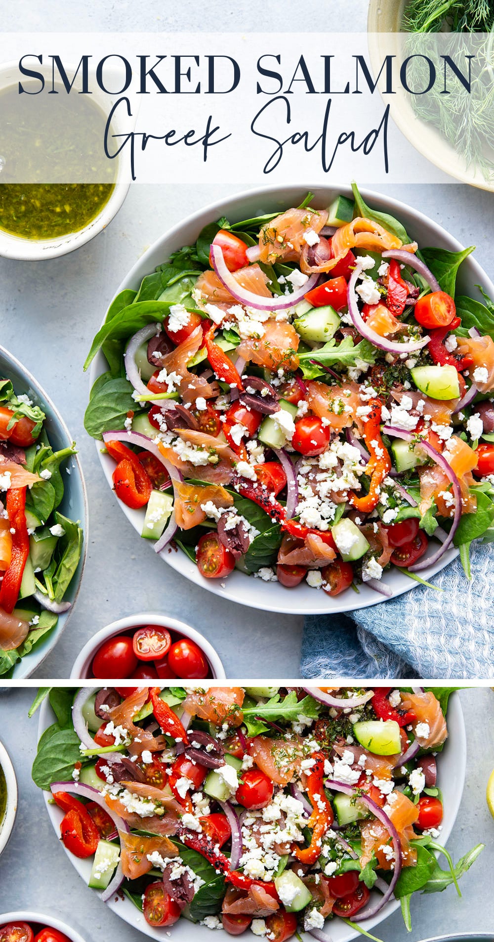 This smoked salmon Greek salad is a twist on the classic and features flavorful smoked salmon with a tangy lemon dill vinaigrette tossed with greens and lots of Greek ingredients.