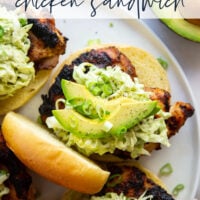 Juicy grilled blackened chicken thighs are stuffed between buns with lots of creamy avocado slaw. This blackened chicken sandwich will quickly become a favorite!