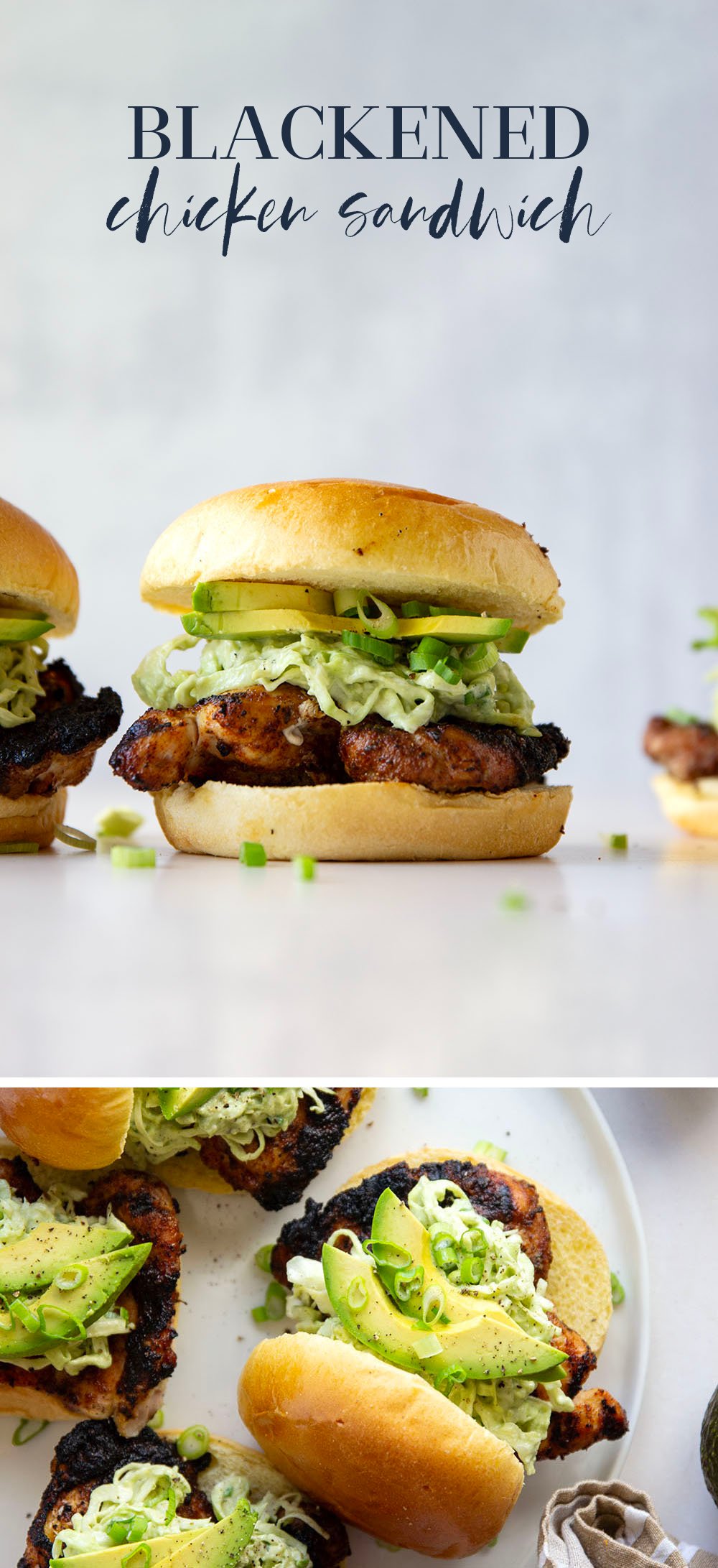 Juicy grilled blackened chicken thighs are stuffed between buns with lots of creamy avocado slaw. This blackened chicken sandwich will quickly become a favorite!