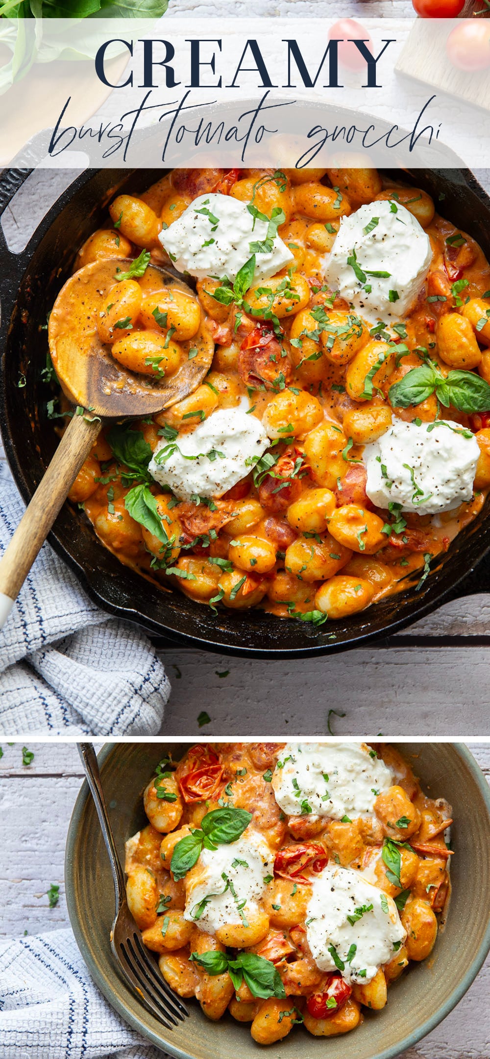 A creamy fresh cherry tomato sauce coats every inch of pillowy gnocchi in this summery burst tomato gnocchi that's topped with lots of fresh basil and rich burrata cheese.