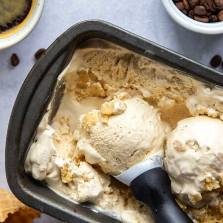 This creamy no-churn espresso ice cream features rich espresso flavor and is chock full of buttery homemade toffee bits.