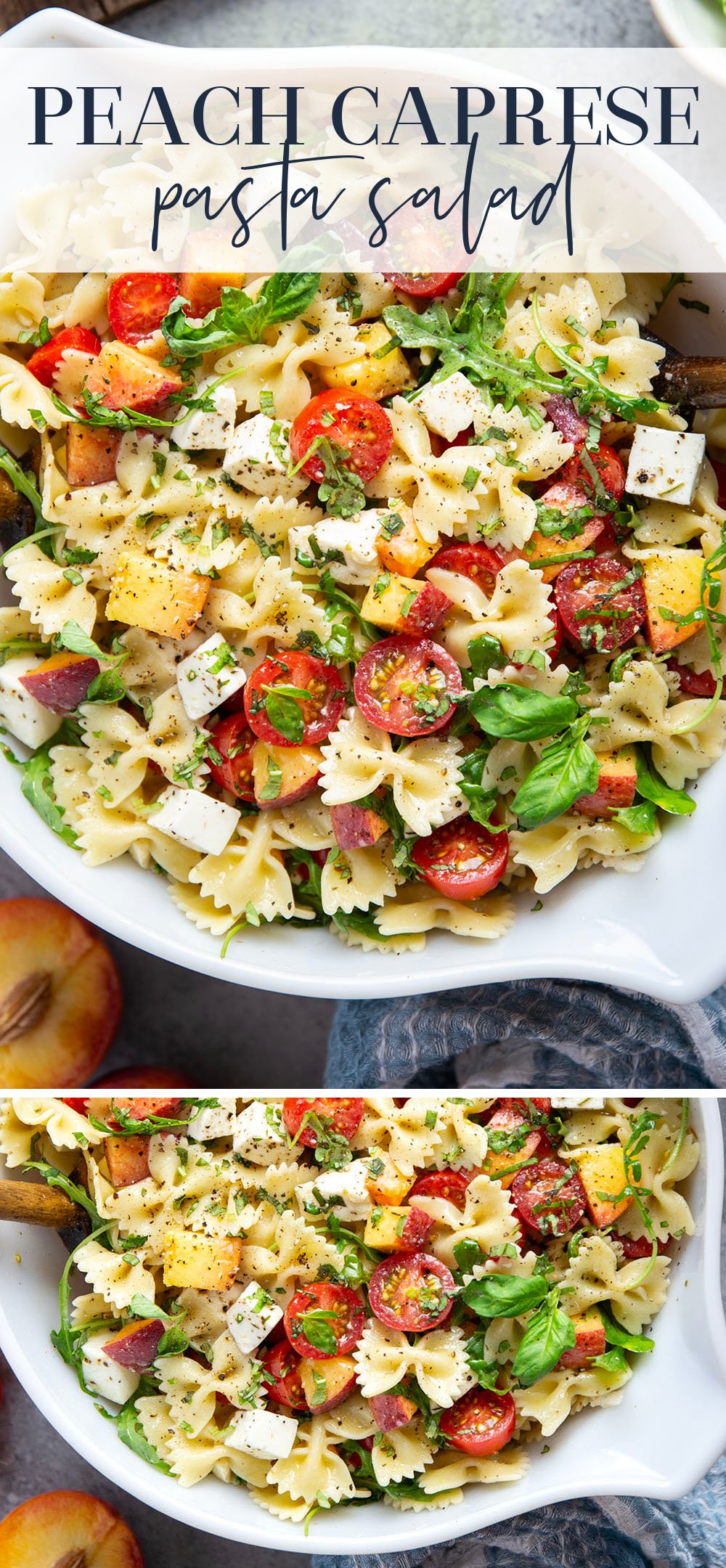 Sweet peaches pair perfectly with herby basil, soft mozzarella, juicy cherry tomatoes, and a tangy balsamic dressing in this peach caprese pasta salad.