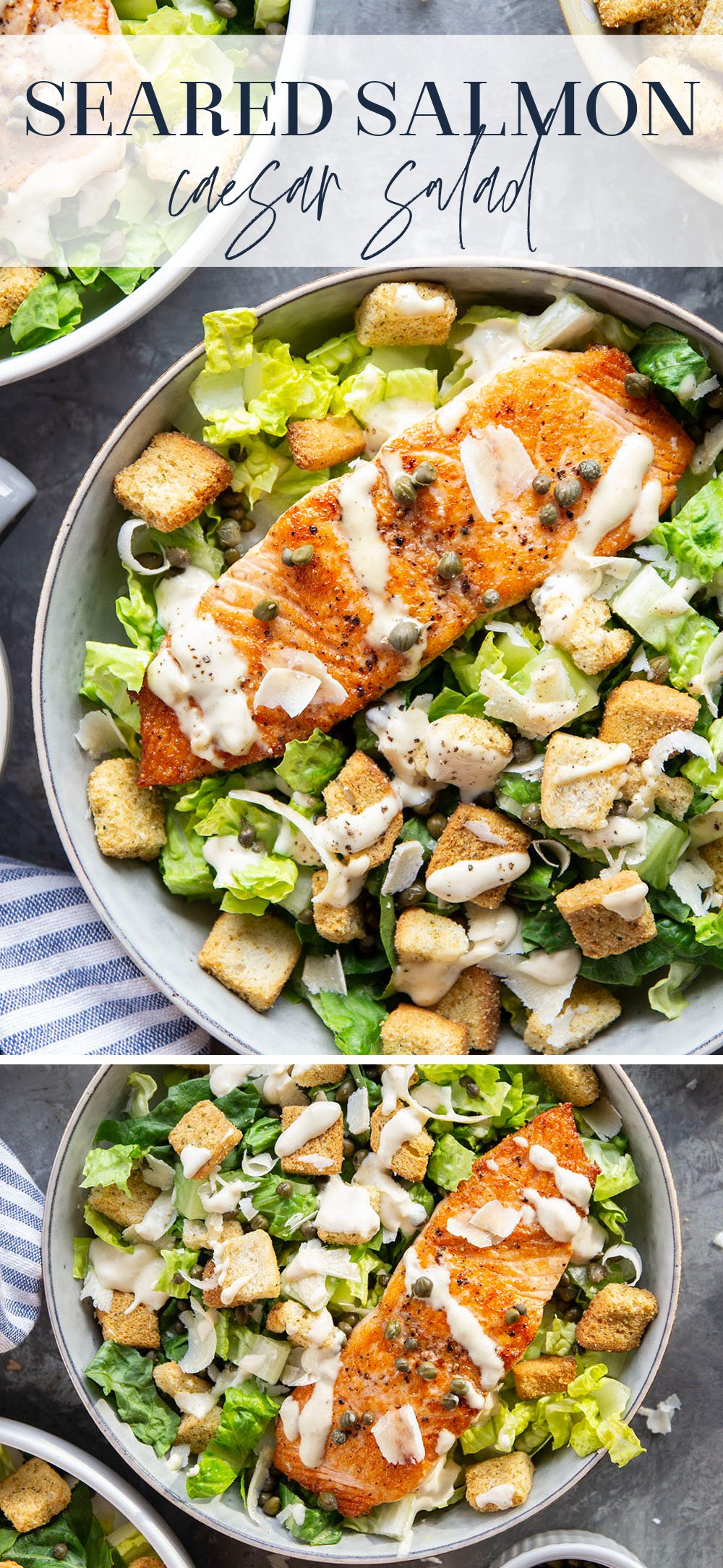 Buttery seared salmon fillets are the perfect meat pairing in this protein-packed seared salmon Caesar salad that features a creamy roasted garlic dressing on top.