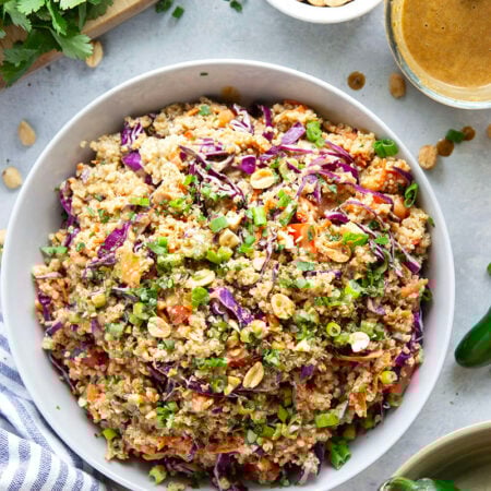 Loaded with a rainbow of crunchy vegetables and a creamy spicy peanut dressing, this Thai quinoa salad is about to be your new lunch go-to!