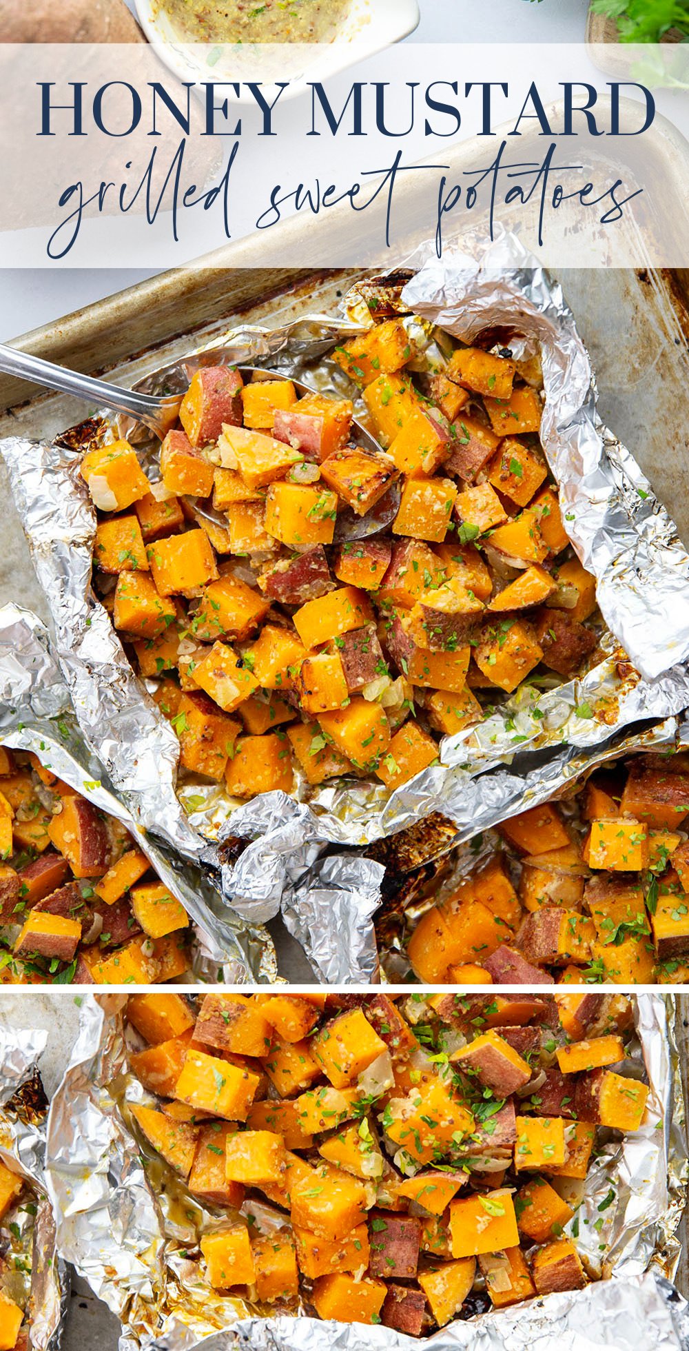 Tossed in a homemade honey mustard and grilled to tender, smoky perfection in foil packets, these grilled sweet potatoes in foil are an easy side dish to throw on the grill for any occasion.
