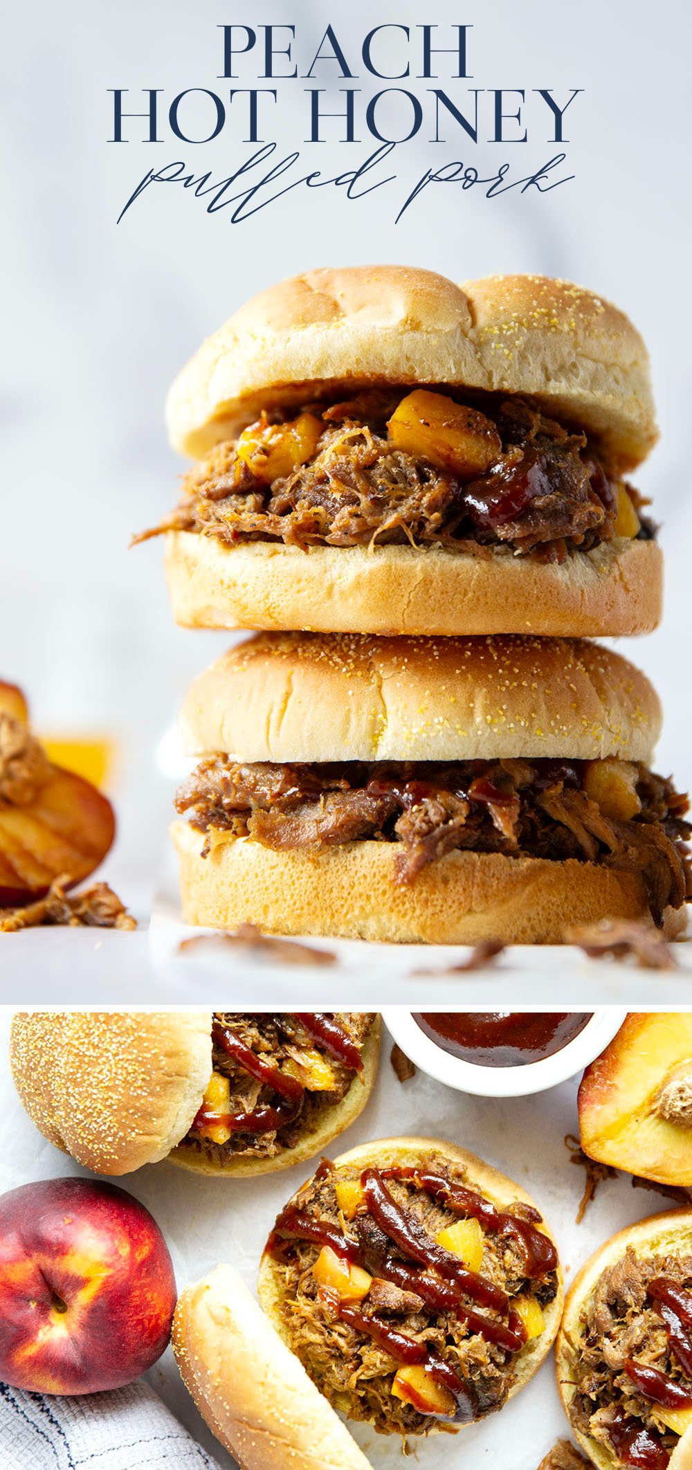 Slowly braised in sweet peaches and spicy hot honey, this peach hot honey pulled pork is fall-apart tender and makes one incredible sandwich!