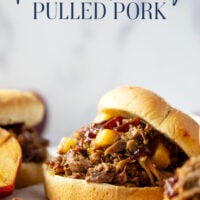 Slowly braised in sweet peaches and spicy hot honey, this peach hot honey pulled pork is fall-apart tender and makes one incredible sandwich!