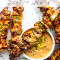 Marinated in a flavorful Thai-inspired sauce, grilled to smoky perfection, and served with a sweet mango sauce for dipping, these Thai chicken skewers will quickly become a grill staple!