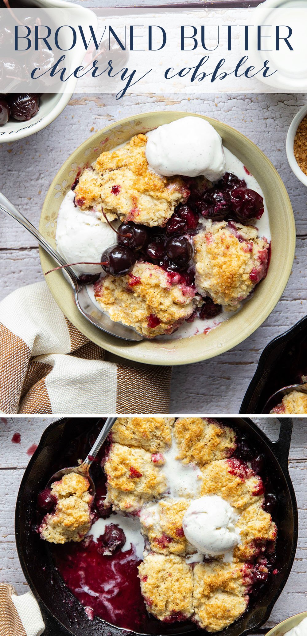 This cherry cobbler features a juicy fresh cherry filling baked with flaky browned butter biscuits on top. An incredible summer dessert warm from the oven with vanilla ice cream on top!