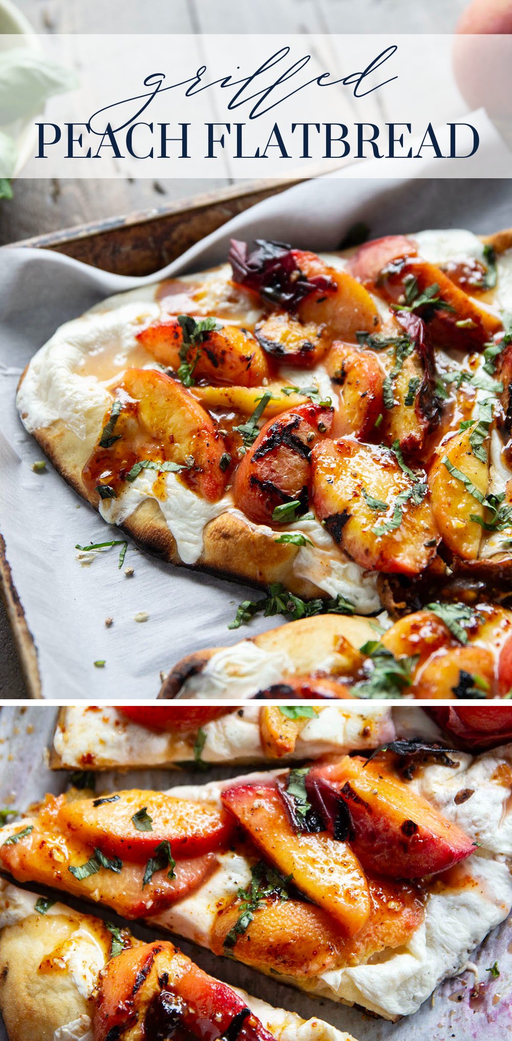Smoky grilled peaches and drizzles of sweet and spicy homemade hot honey sauce are the perfect duo in this grilled peach flatbread.