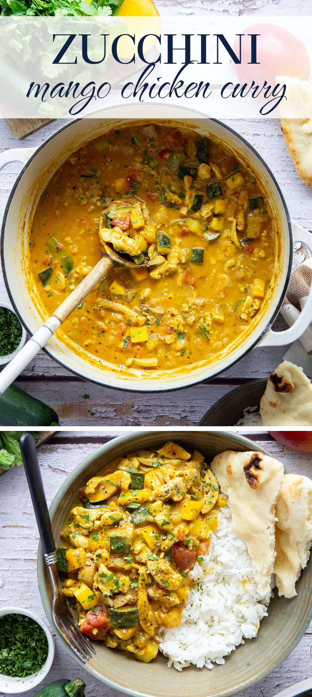 This mango chicken curry features tender chicken and lots of zucchini simmered in a flavorful fresh mango coconut curry sauce.