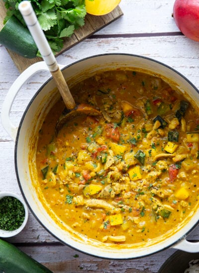This mango chicken curry features tender chicken and lots of zucchini simmered in a flavorful fresh mango coconut curry sauce.