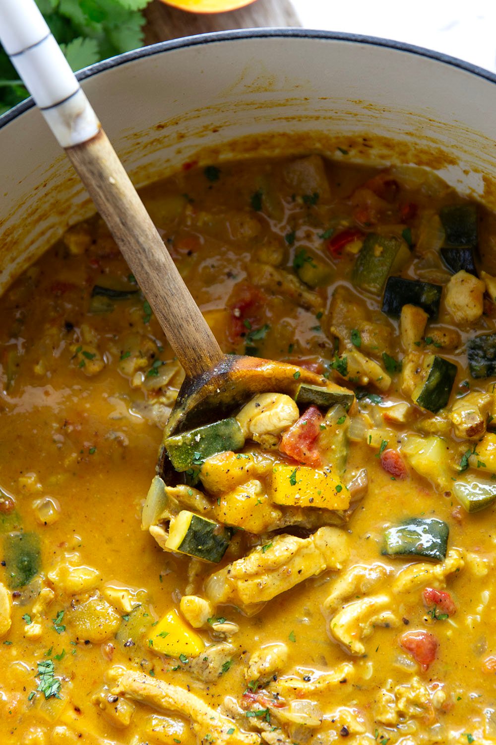 This mango chicken curry features tender chicken and lots of zucchini simmered in a flavorful fresh mango coconut curry sauce.