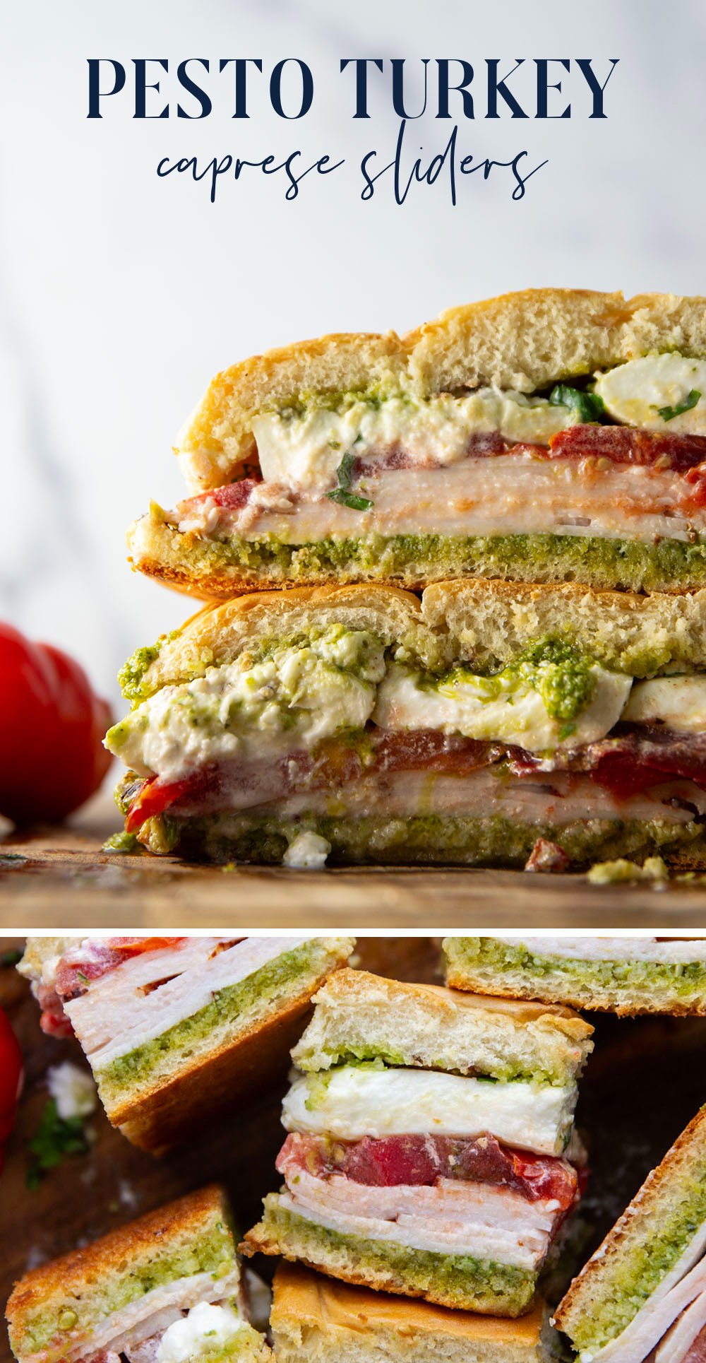 These caprese sliders feature herby basil pesto, sliced turkey, creamy burrata, and lots of fresh tomato slices layered between soft slider buns.