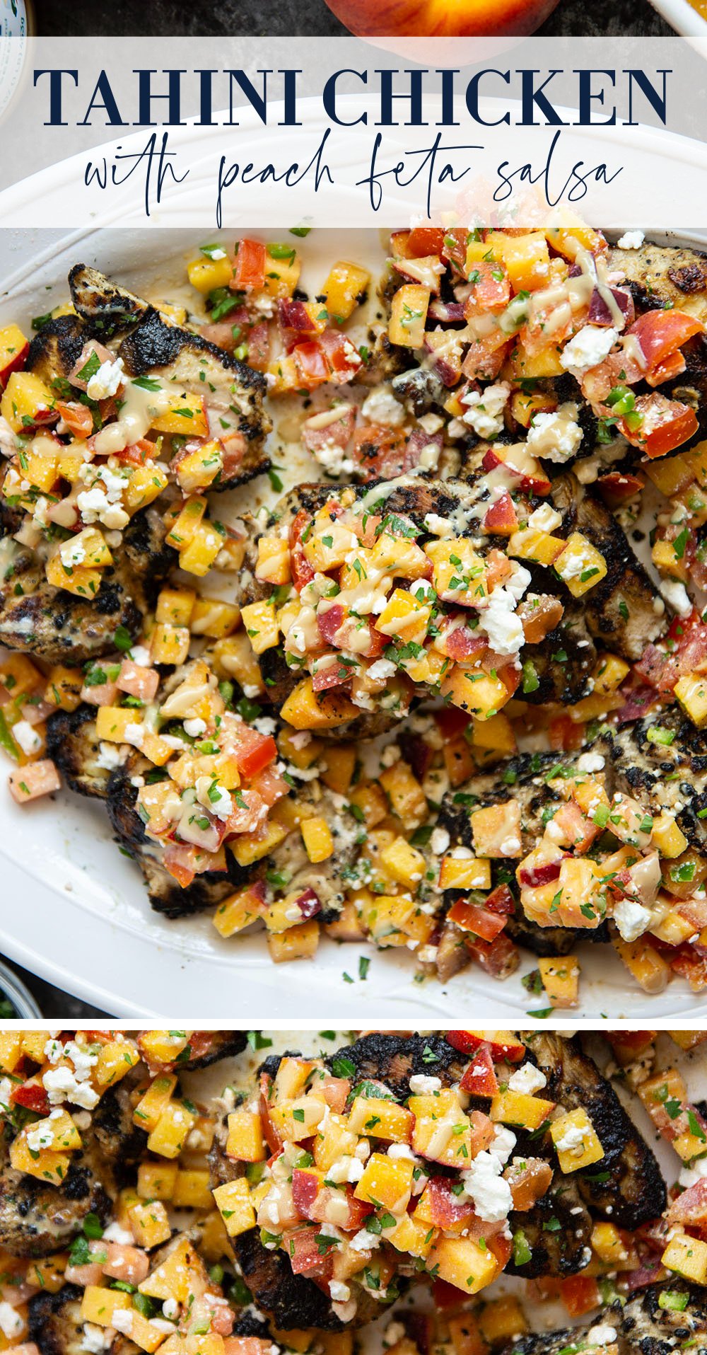 Marinated in a flavorful tahini sauce, grilled to smoky perfection, and topped with a tangy peach feta salsa, this grilled tahini chicken is an explosion of flavors!