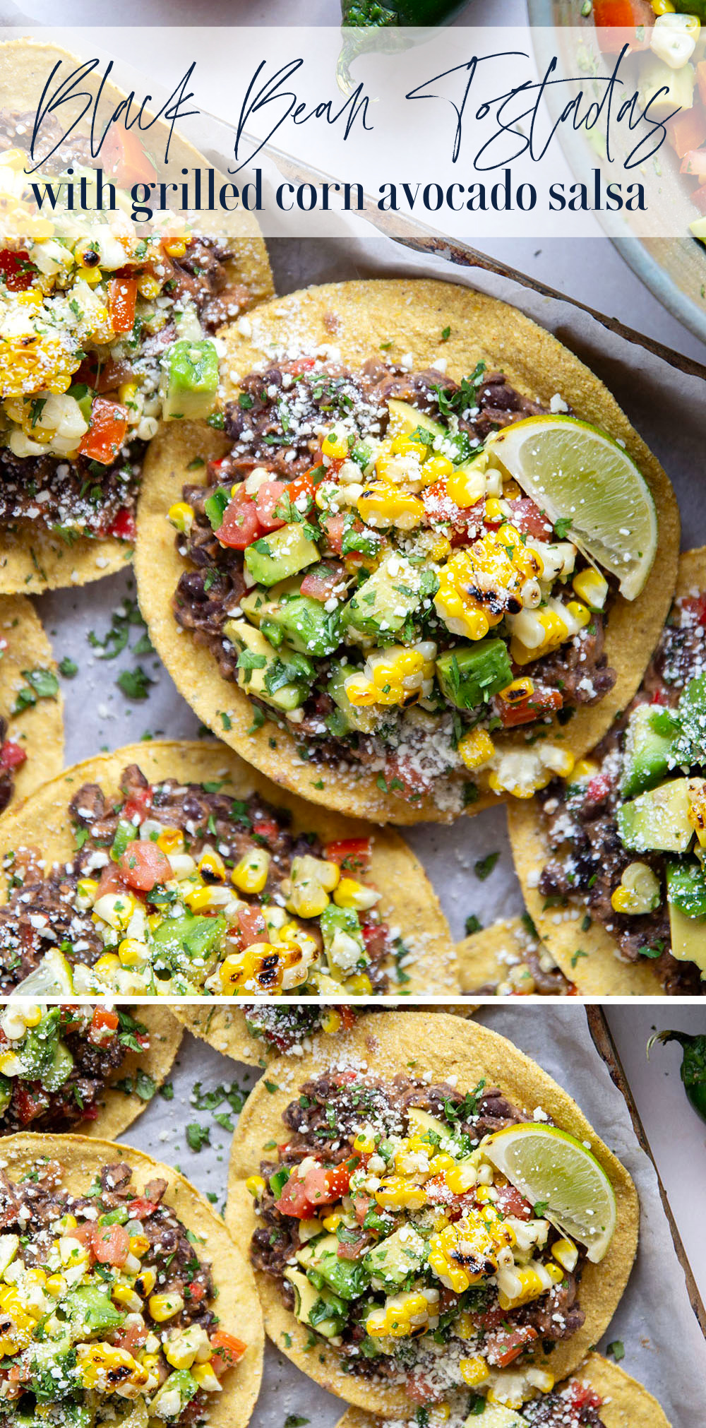 Creamy smashed black beans and a smoky grilled corn avocado salsa are piled onto these massively flavorful black bean tostadas for an easy vegetarian or vegan meal.