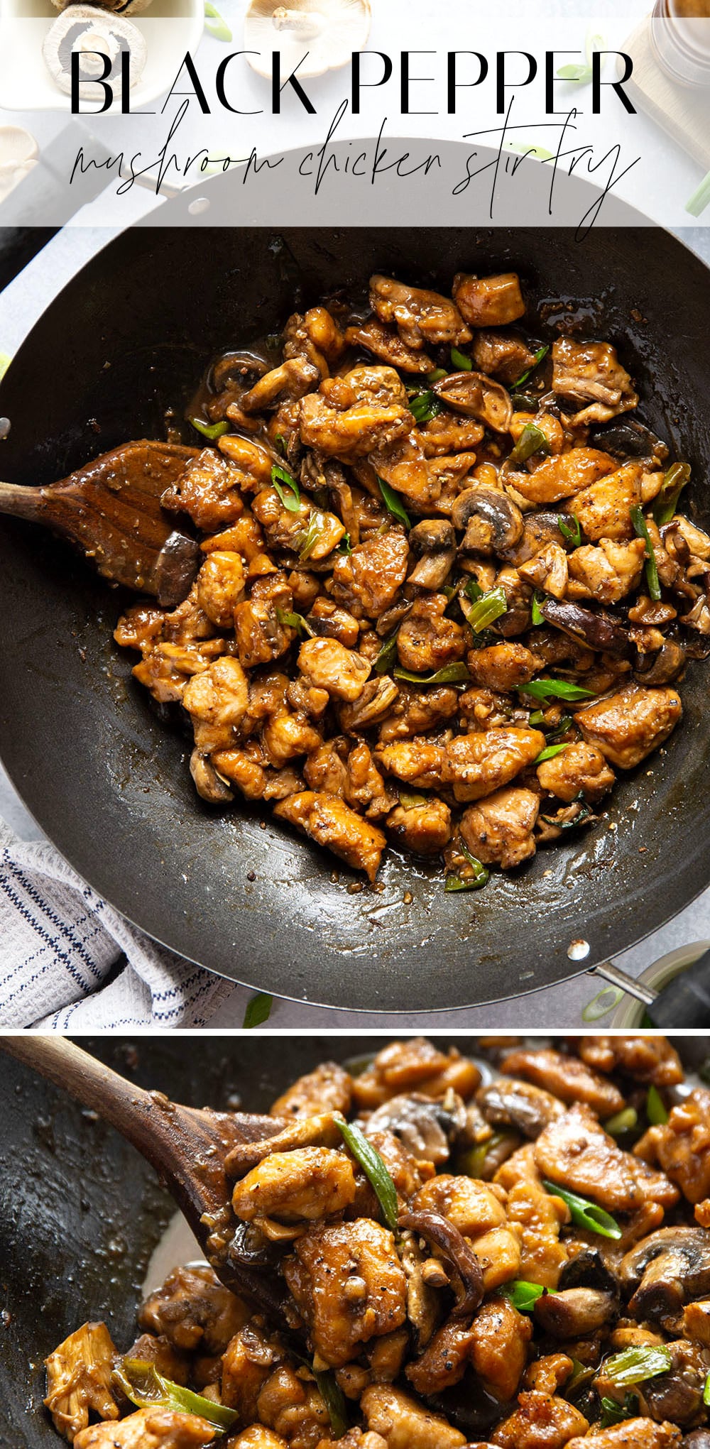 This mushroom chicken stir fry features tender sautéed mushrooms and golden pan-fried chicken cubes tossed in a savory black pepper stir fry sauce.