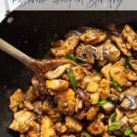 This mushroom chicken stir fry features tender sautéed mushrooms and golden pan-fried chicken cubes tossed in a savory black pepper stir fry sauce.
