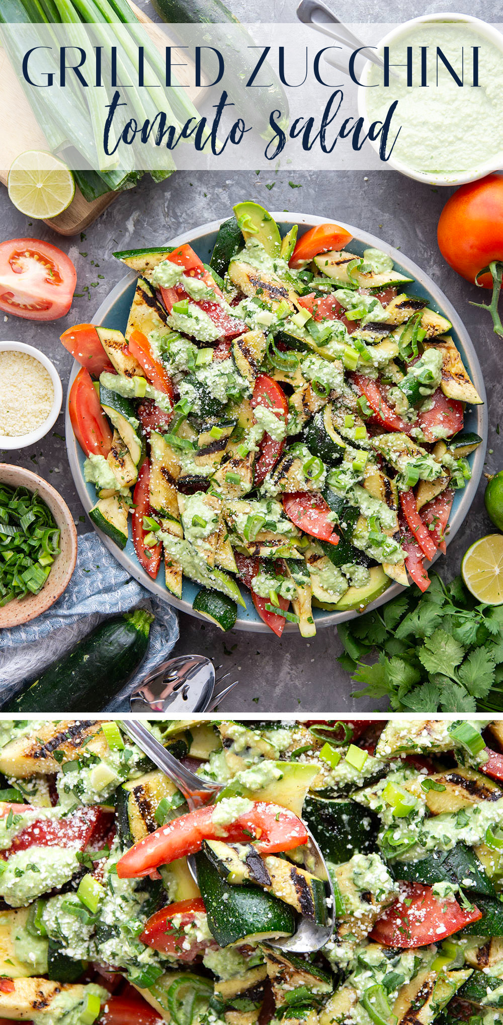 Tender zucchini is grilled until smoky and tossed with juicy summer tomatoes and a creamy avocado scallion dressing in this  flavor-packed zucchini tomato salad.