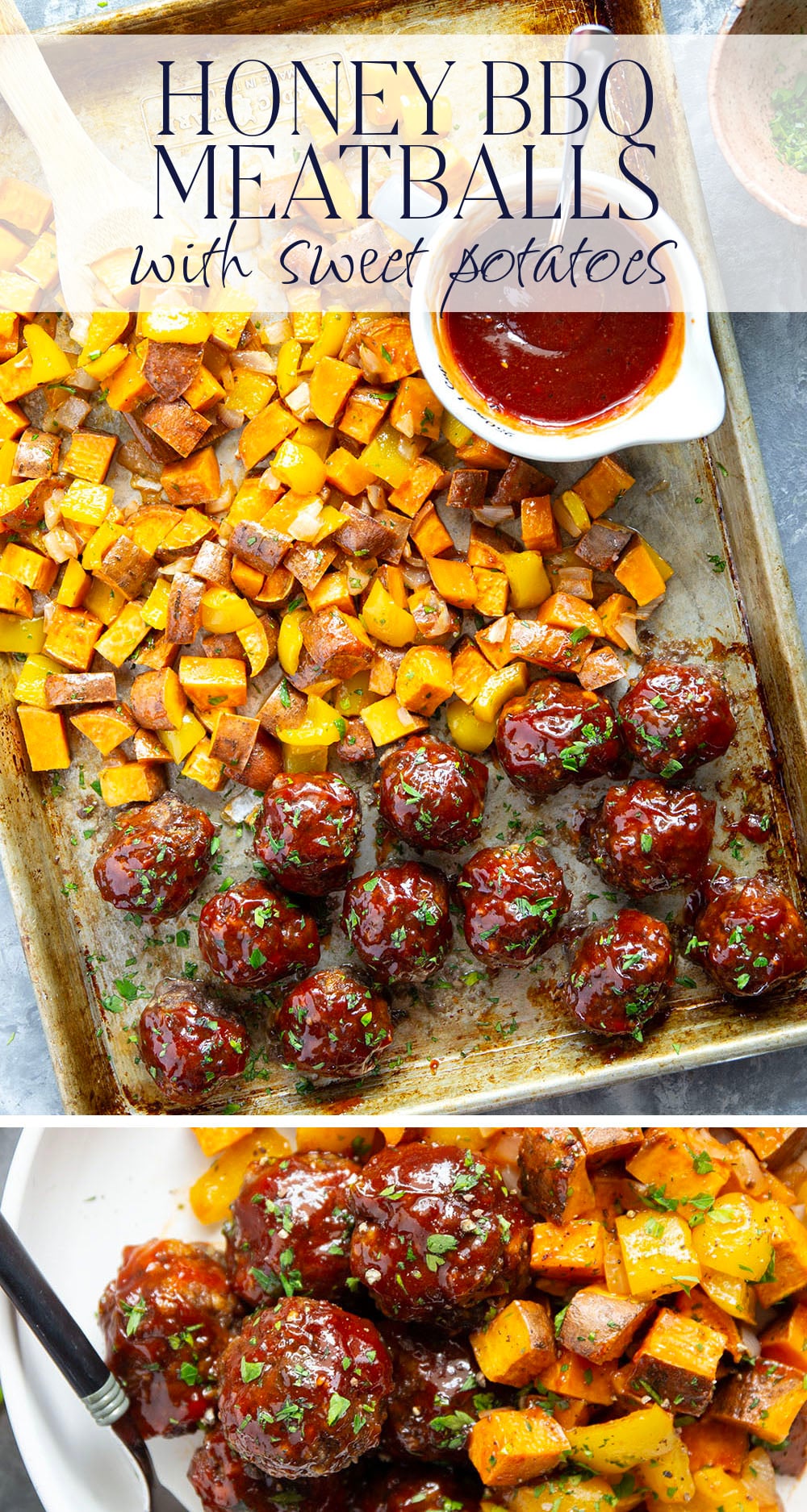 Baked in minutes on only one sheet pan, these honey BBQ meatballs are coated in a sweet and tangy homemade honey BBQ sauce and roasted alongside tender sweet potatoes.