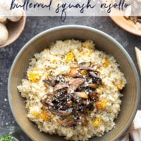 Rich and creamy butternut squash risotto is cooked with plenty of tender butternut squash cubes and nutty asiago cheese and served with crispy fried mushrooms on top.