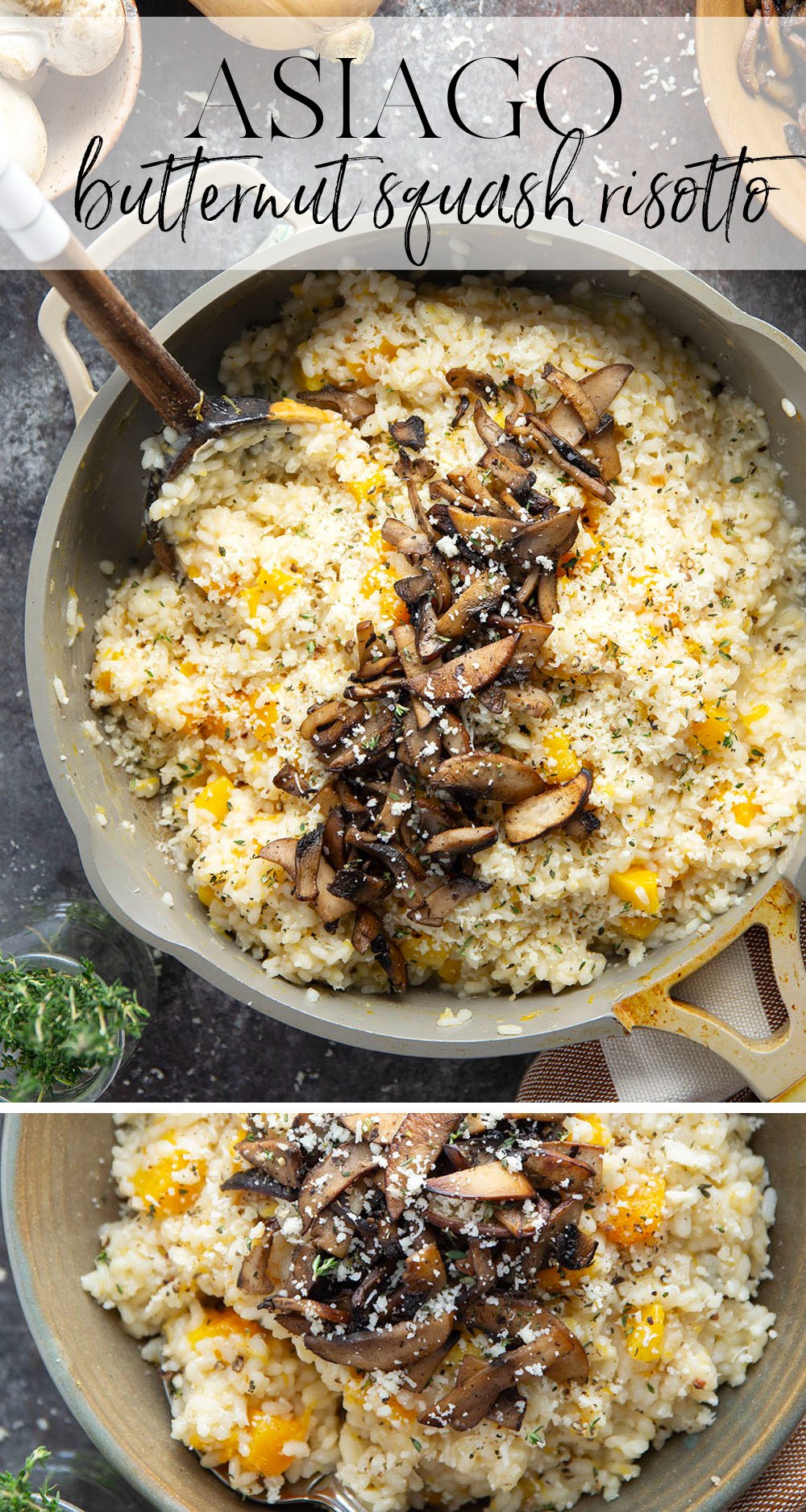 Rich and creamy butternut squash risotto is cooked with plenty of tender butternut squash cubes and nutty asiago cheese and served with crispy fried mushrooms on top.