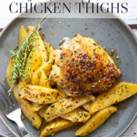 Baked alongside tender fall apples in a sweet and spicy chili maple glaze, these maple chicken thighs are a quick and flavorful fall dinner for any occasion.