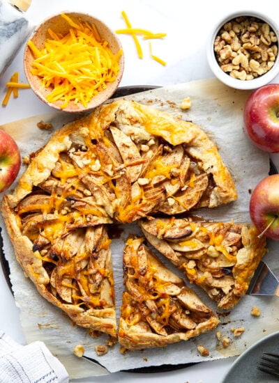 Baked with cheddar cheese in both the flaky crust and tender apple filling, this cheddar apple galette is a simple free-form pastry that's the perfect mix of sweet and savory!
